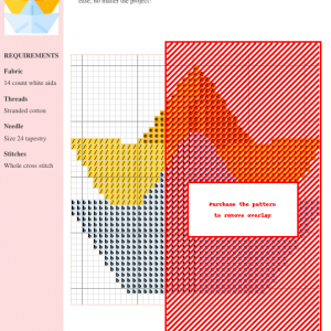 Cross-stitch pattern of a paper ship featuring yellow, orange, and gray threads on white aida fabric. The design includes a chart with DMC and Anchor thread color codes.