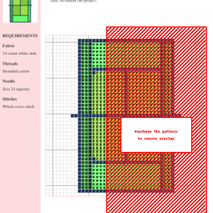 Cross-stitch pattern depicting a tennis court in shades of green, yellow, and red. The design includes a key and instructions.