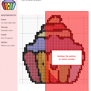 Cross stitch pattern of a colorful cupcake, showcasing a detailed design with various shades and stitches.