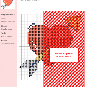 Cross stitch pattern depicting a charming Cupid design with a heart and arrow, using various shades of red, orange, and gray.