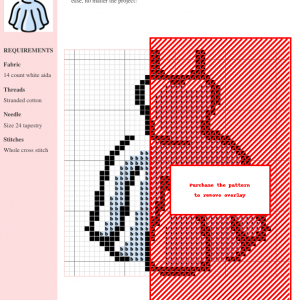 Cross stitch pattern depicting a wedding dress, featuring red and white threads on 14-count white aida fabric.