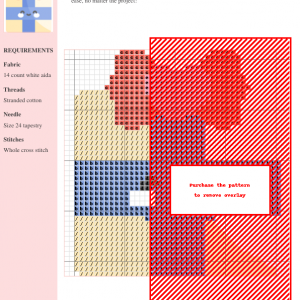 Cross stitch pattern depicting a cute gift box with a ribbon, using shades of red, blue, and beige on white aida cloth.