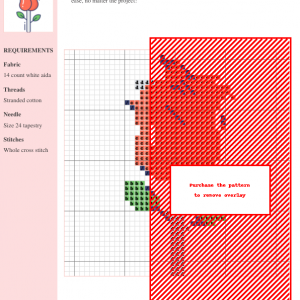 A cross-stitch pattern featuring a vibrant red flower design. The image shows a detailed chart with color-coded symbols and instructions.