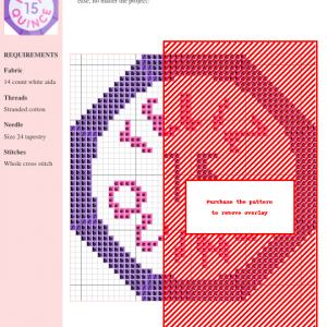 A cross-stitch pattern showcasing a stylized 'Feliz Quince' design in shades of pink and purple. The pattern includes a key and instructions.