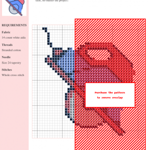 Cross-stitch pattern design of a wood cutter, featuring a blend of red and blue thread colors on 14-count white Aida fabric.