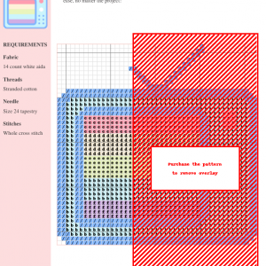 Cross stitch pattern of a retro television set, showcasing a color-coded chart with DMC and Anchor thread numbers.