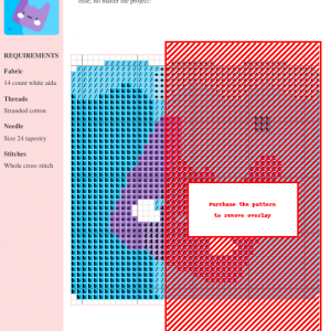 Cross-stitch pattern featuring a modern design in shades of aqua, purple, and white, suitable for 14-count Aida fabric.