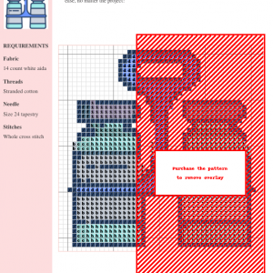Cross stitch pattern depicting a salt and pepper shaker set. The design uses muted blues, grays, and whites on a white aida cloth.