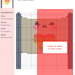 Cross-stitch pattern chart featuring a rainbow heart banner design, with color key and materials list.