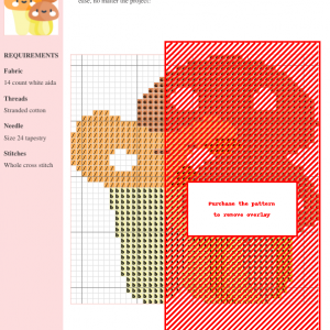 Cross stitch pattern showcasing a charming mushroom design, featuring warm earth tones and clear stitch instructions. DMC and Anchor thread color numbers are included.