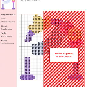 Cross stitch pattern design featuring a floral arch in shades of pink, orange, and purple on white aida cloth. The pattern includes DMC and Anchor thread color numbers.