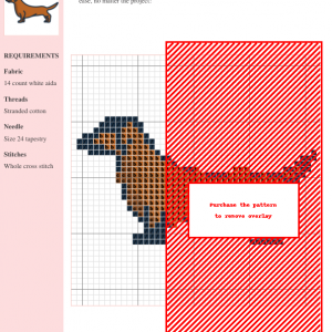 Cross-stitch pattern of a dachshund dog, featuring brown and black threads on white aida fabric. Clear instructions and color key are included.