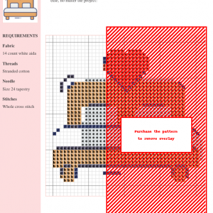 Cross stitch pattern design of a bed, featuring muted colors and simple lines. Instructions and materials list included.