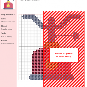 A cross-stitch pattern design featuring a stylized gas lamp, predominantly in shades of red and gray on white aida cloth. The image shows a color key and stitch instructions.