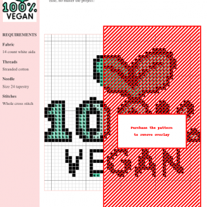 Cross-stitch pattern featuring the words '100% VEGAN' in a modern design with red and green accents.