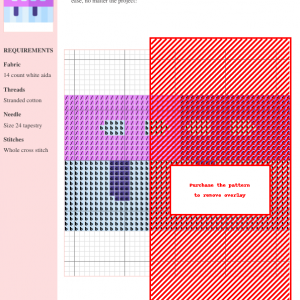 Cross stitch pattern featuring a stylized piano design in shades of purple, pink, and blue on white aida cloth.