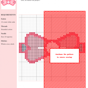Cross stitch pattern design of a pink bow tie on a white aida fabric. The image includes a key and color chart.