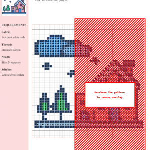 Cross-stitch pattern featuring a charming winter home scene with trees and a cloudy sky, designed for 14-count white Aida fabric.