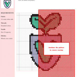 Cross-stitch pattern featuring a charming radish design in shades of red, pink, green, and purple. The image shows a detailed chart with color-coded symbols.