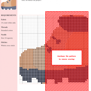 Cross stitch pattern design of a cute shoe, featuring various shades of red, beige, and grey on white aida cloth. DMC and Anchor thread color numbers included.
