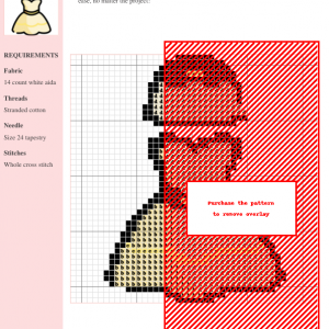 Cross stitch pattern showcasing a detailed wedding dress design, primarily in red and beige on white aida cloth.