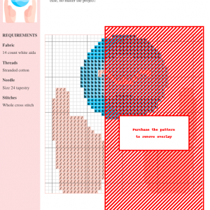 A cross-stitch pattern design featuring a hand-shaped motif in shades of red, light peach, and light blue. The pattern is shown on a grid, with DMC and Anchor thread color numbers included.