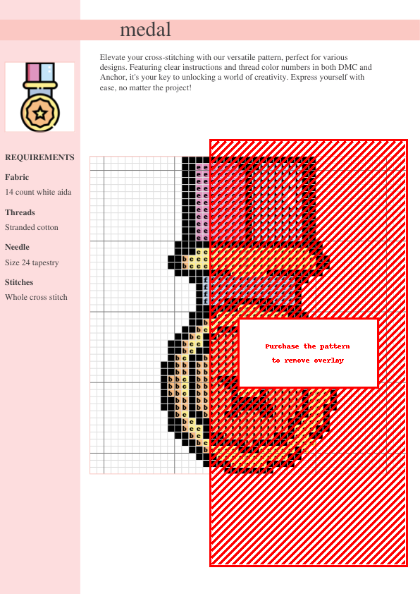 Cross stitch pattern of a medal, featuring red, yellow, and pink threads on 14-count white aida fabric. The design includes detailed instructions.