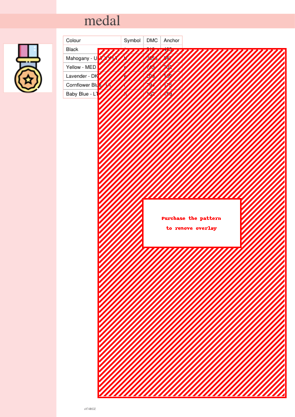 Cross stitch pattern featuring a diagonal red and white striped design, resembling a medal.