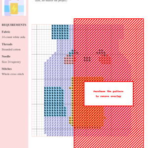 Cross stitch pattern chart featuring a whimsical energy food design in pastel blues, pinks, oranges and reds on a white 14-count aida background.