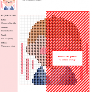 Cross-stitch pattern depicting a stylized figure, incorporating shades of red, pink, beige, and blue. The design uses whole cross stitch and is suitable for intermediate stitchers.