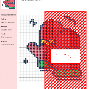 Image of a cross-stitch pattern depicting a pair of gloves, featuring red, pink, green, and yellow threads on 14-count white Aida fabric.