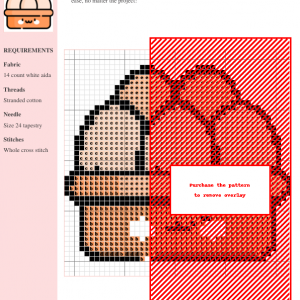 Cross stitch pattern design featuring a cute cartoon egg carton filled with eggs. The pattern uses predominantly red and brown threads on white aida cloth.