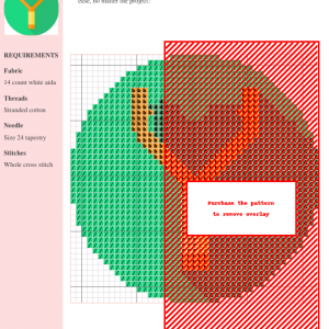 Cross stitch pattern design of a slingshot, featuring green, orange, and red threads on white aida fabric. Clear instructions and color key included.