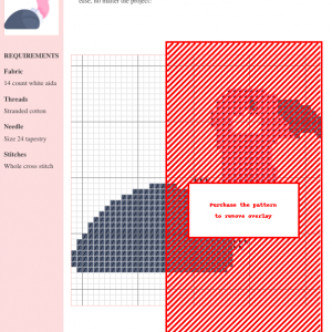 Cross stitch pattern showcasing a detailed vulture design in shades of pink and grey against a white aida cloth background.