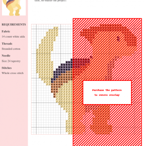 Cross-stitch pattern depicting a Parasaurolophus dinosaur, featuring various shades of beige, orange, and dark purple. The design uses whole cross stitches on 14-count white Aida fabric.