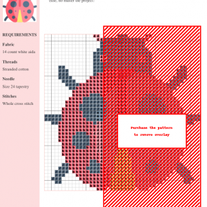 Cross stitch pattern chart of a ladybug design, featuring red, gray, and orange thread colors on white 14-count aida fabric.