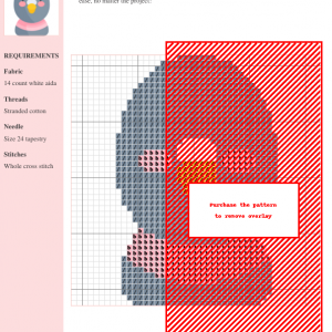 Cross-stitch pattern depicting a charming pigeon in shades of gray, red, and orange. The image shows a gridded design chart.