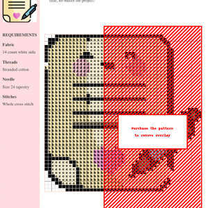 Cross stitch pattern design of a marriage certificate, featuring a predominantly red and beige color scheme. The pattern includes clear instructions and DMC/Anchor thread color numbers.