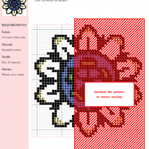 Cross-stitch pattern featuring a colorful floral design with black, red, orange, yellow, and blue threads on white 14-count Aida fabric.