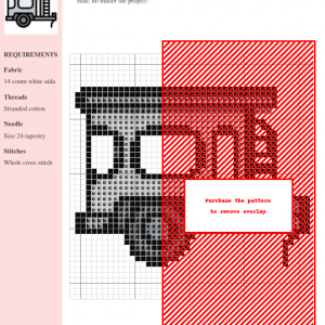 Cross stitch pattern showcasing a charming illustration of a small camper trailer, featuring a grayscale color scheme on white Aida cloth. The pattern includes a key and is ready to stitch.