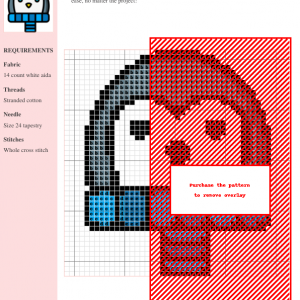 Cross stitch pattern design featuring a charming penguin in shades of gray, blue, and red.