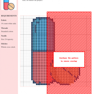 Cross-stitch pattern design of a stylized pill in shades of blue, red, and orange on a white aida cloth background. The pattern includes clear instructions and color codes.