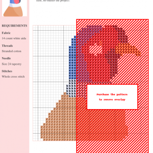 Cross stitch pattern featuring a detailed pheasant design in shades of red, blue, and brown. The pattern includes a color key and materials list.