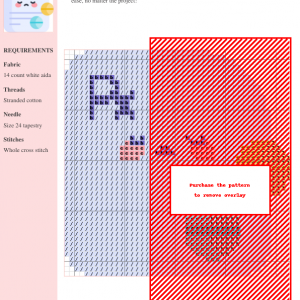Cross-stitch pattern featuring a partially revealed design with purple and orange accents on a white aida cloth. Instructions and color codes are included.