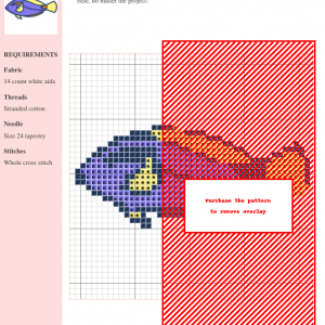 Cross-stitch pattern of a surgeonfish, featuring shades of purple, yellow, and orange on a white aida cloth. The design is detailed and suitable for intermediate stitchers.
