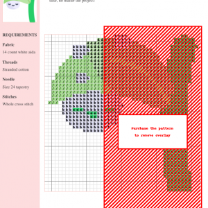 Cross stitch pattern chart showcasing a whimsical design with greens, reds, and other colors, featuring clear instructions and DMC/Anchor thread color codes.