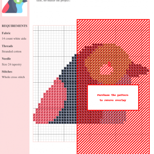 Cross-stitch pattern of a Paradise Tanager, featuring red, orange, black, and pink thread colors on 14-count white Aida fabric.