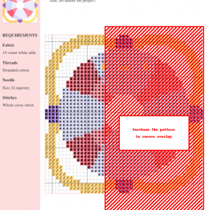 Cross-stitch pattern design of a charming lifebuoy, featuring various shades of red, pink, purple, and yellow on white aida cloth.