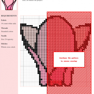 Cross stitch pattern chart depicting a cyclamen flower in shades of pink and red on 14-count white aida fabric.