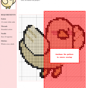 Cross stitch pattern of a cute dove bird in beige and red, using whole cross stitch technique. The pattern includes a key and materials list.